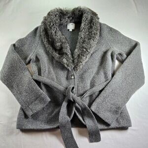 Anthropologie Ettitwa Gray Wool Blend Faux Fur Collar‎ Belted Jacket - M